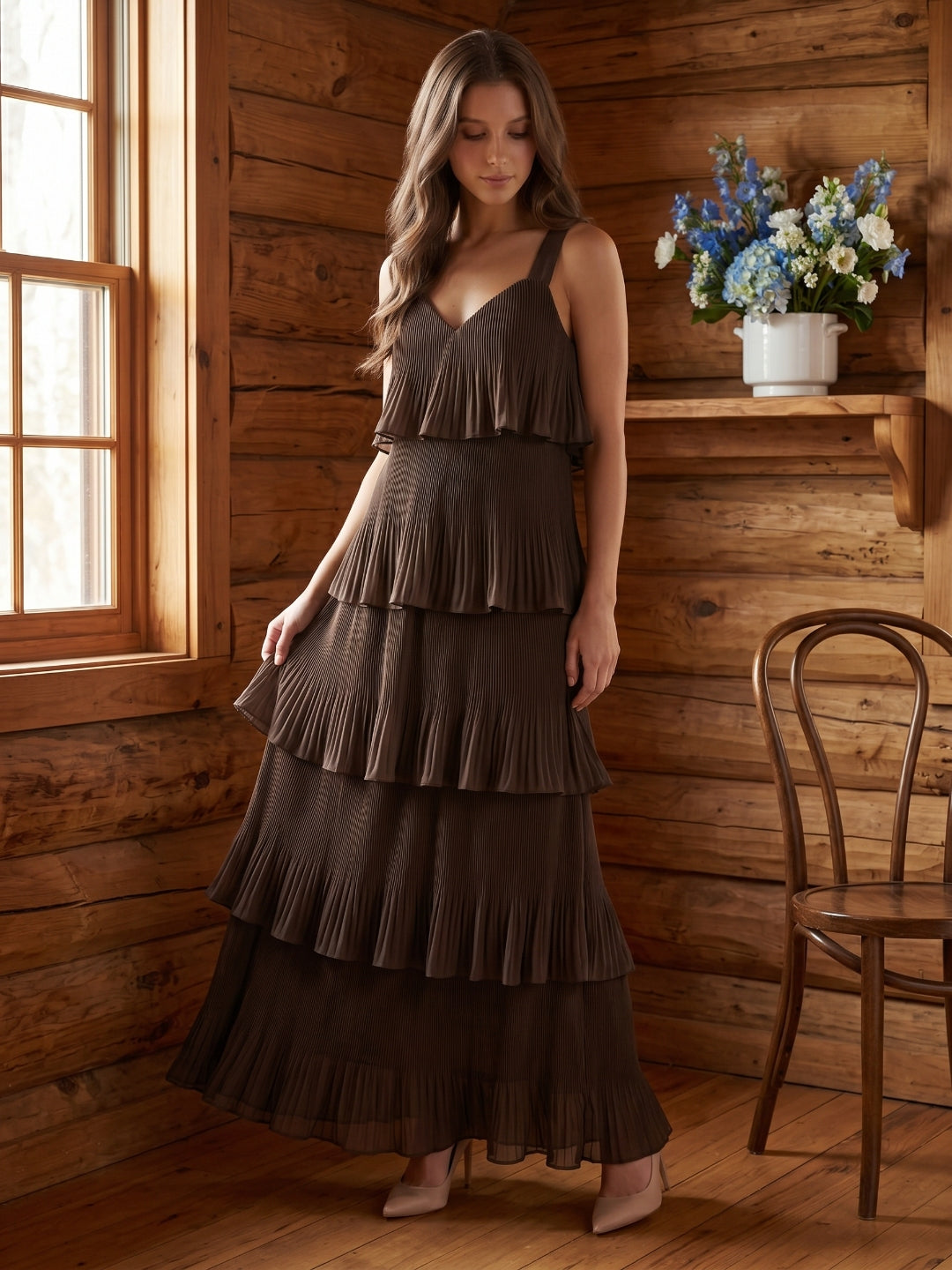 Espresso Chiffon A-Line V-Neck Back Zip Ankle-Length Cascading Ruffle Bridesmaid Dress - Curvevia
