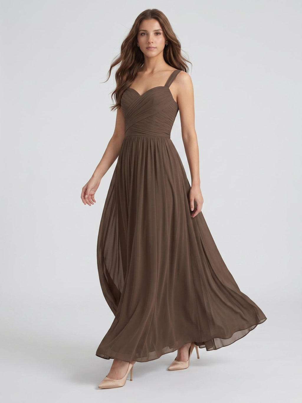 Espresso Chiffon A-Line Sweetheart Backless Floor-Length Pleated Bridesmaid Dress - Curvevia