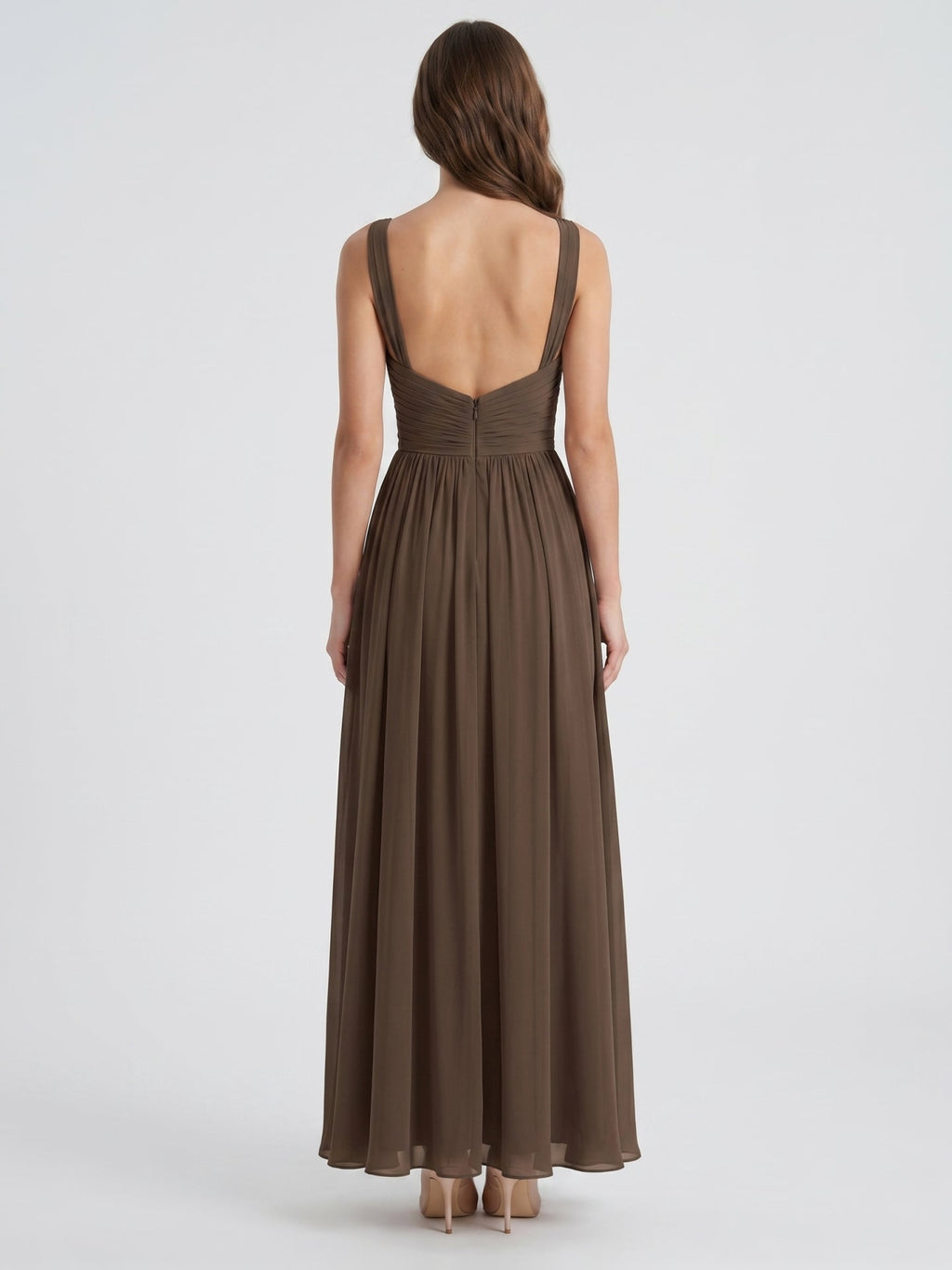 Espresso Chiffon A-Line Sweetheart Backless Floor-Length Pleated Bridesmaid Dress - Curvevia