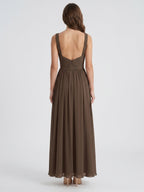 Espresso Chiffon A-Line Sweetheart Backless Floor-Length Pleated Bridesmaid Dress - Curvevia
