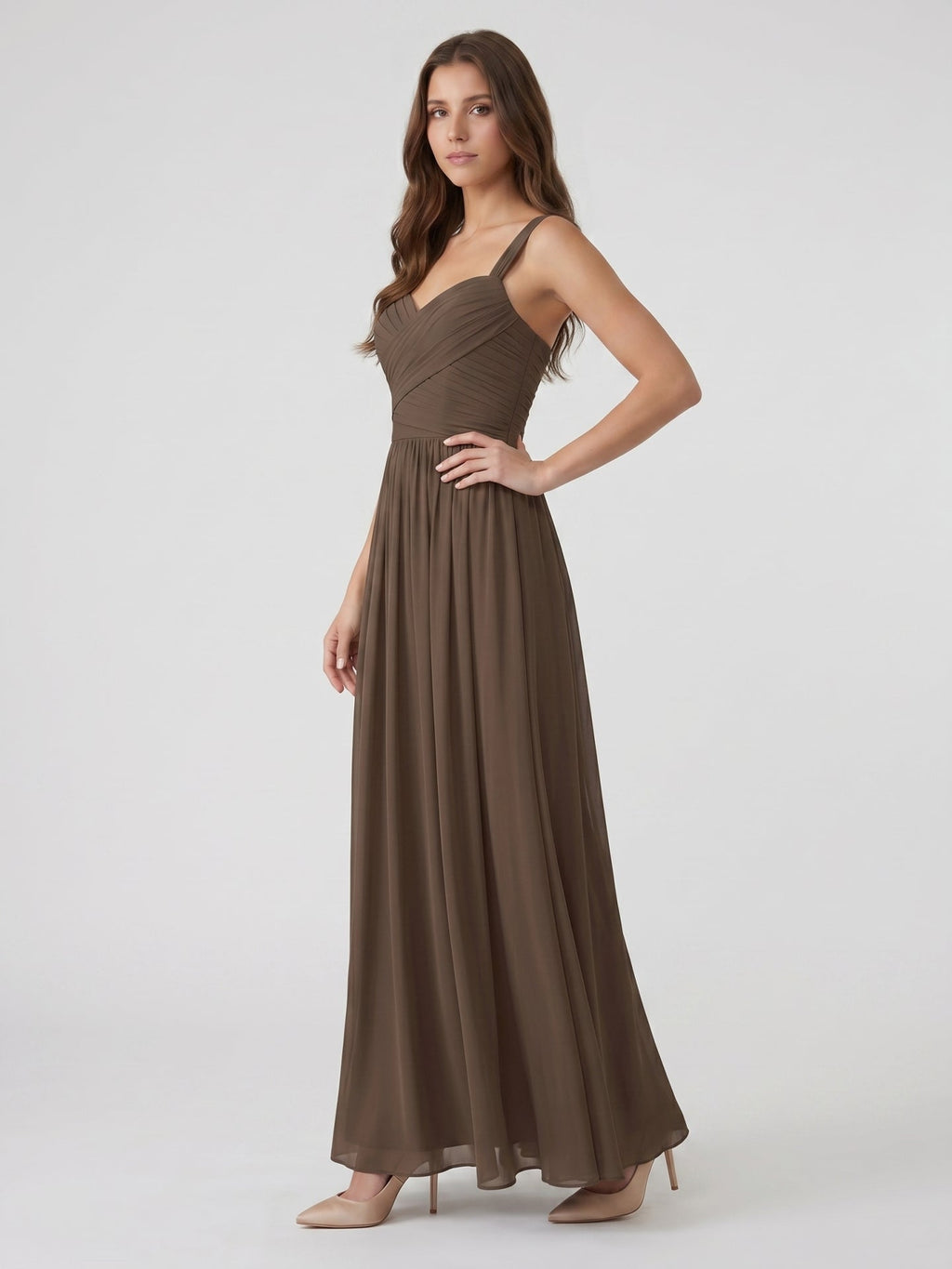 Espresso Chiffon A-Line Sweetheart Backless Floor-Length Pleated Bridesmaid Dress - Curvevia