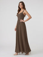 Espresso Chiffon A-Line Sweetheart Backless Floor-Length Pleated Bridesmaid Dress - Curvevia