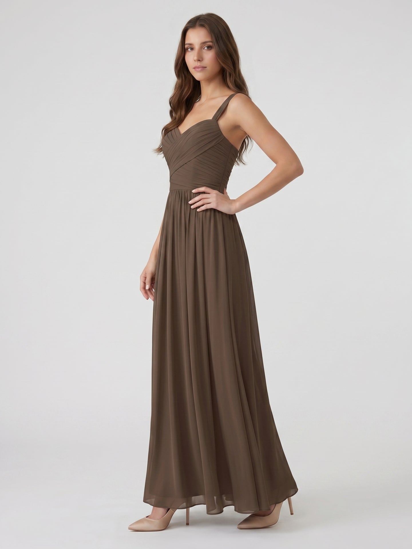 Espresso Chiffon A-Line Sweetheart Backless Floor-Length Pleated Bridesmaid Dress - Curvevia