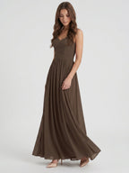 Espresso Chiffon A-Line Sweetheart Backless Floor-Length Pleated Bridesmaid Dress - Curvevia
