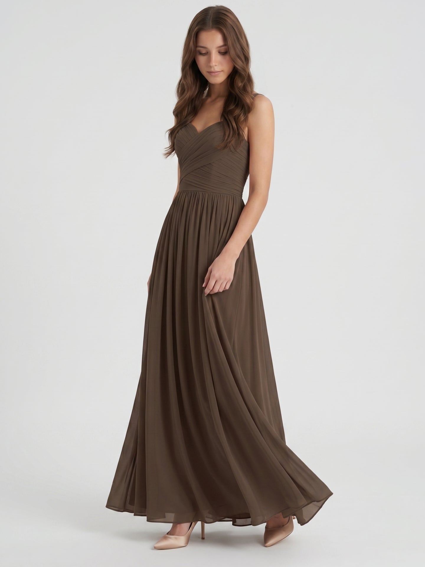 Espresso Chiffon A-Line Sweetheart Backless Floor-Length Pleated Bridesmaid Dress - Curvevia
