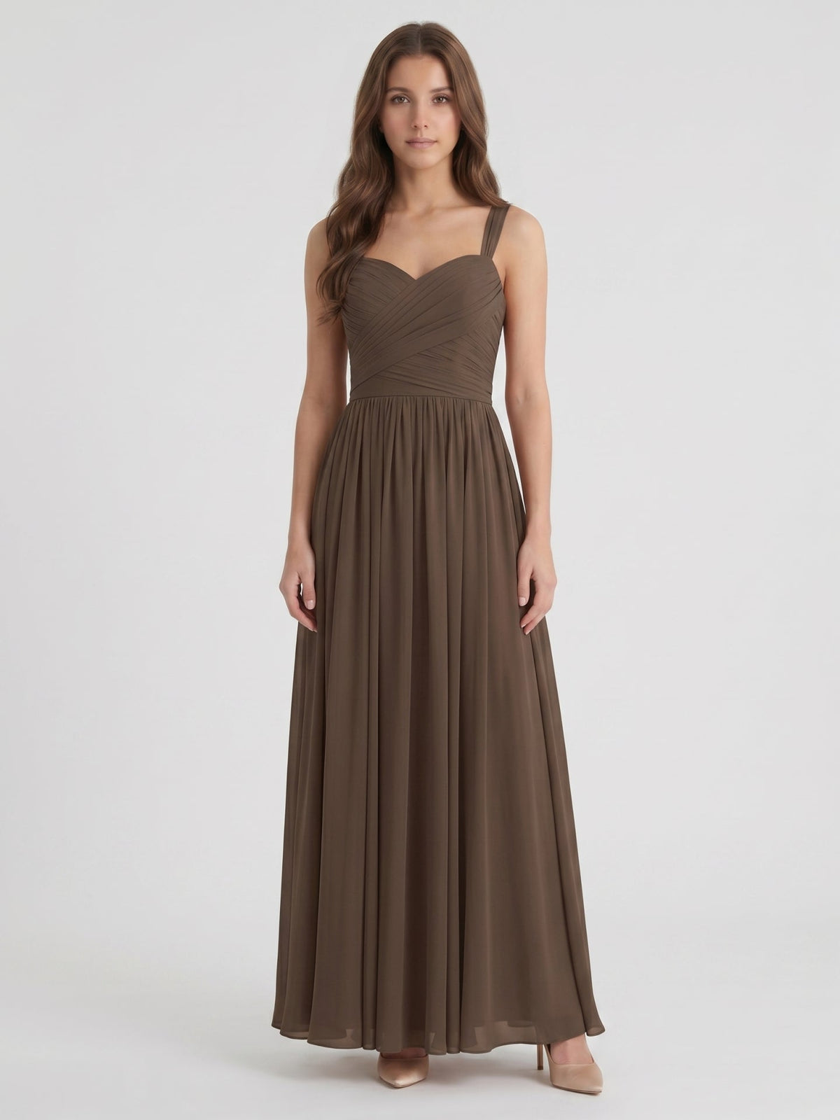 Espresso Chiffon A-Line Sweetheart Backless Floor-Length Pleated Bridesmaid Dress - Curvevia