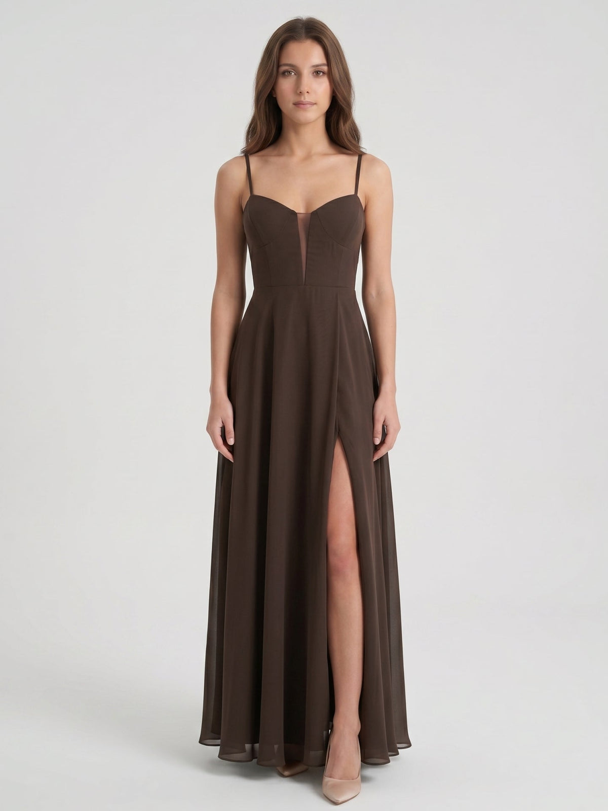 Espresso Chiffon A-Line Sweetheart Keyhole Back Floor-Length Bridesmaid Dress - Curvevia