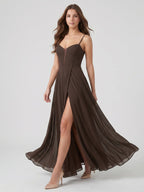 Espresso Chiffon A-Line Sweetheart Keyhole Back Floor-Length Bridesmaid Dress - Curvevia