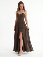 Espresso Chiffon A-Line Sweetheart Keyhole Back Floor-Length Bridesmaid Dress - Curvevia