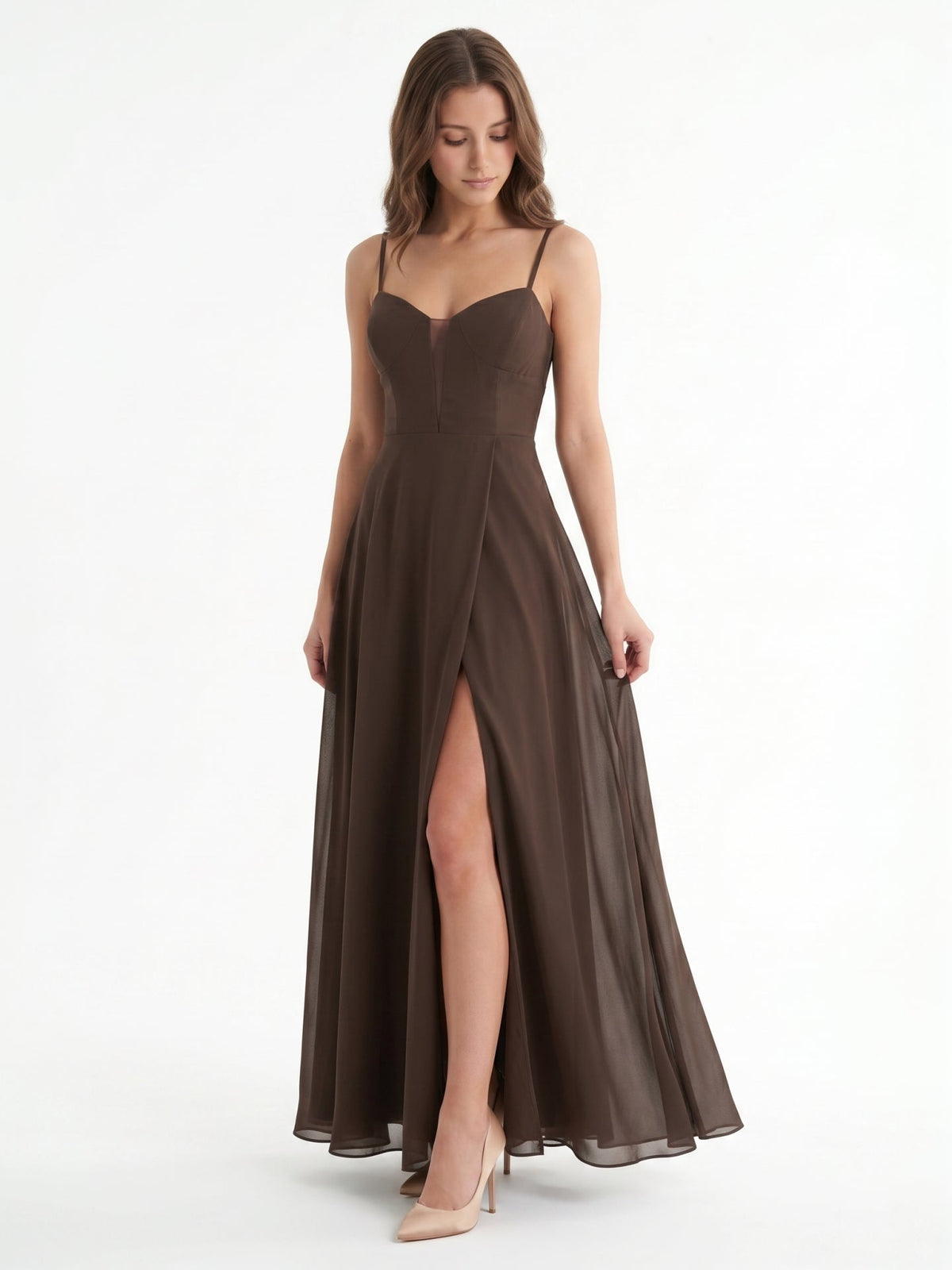 Espresso Chiffon A-Line Sweetheart Keyhole Back Floor-Length Bridesmaid Dress - Curvevia