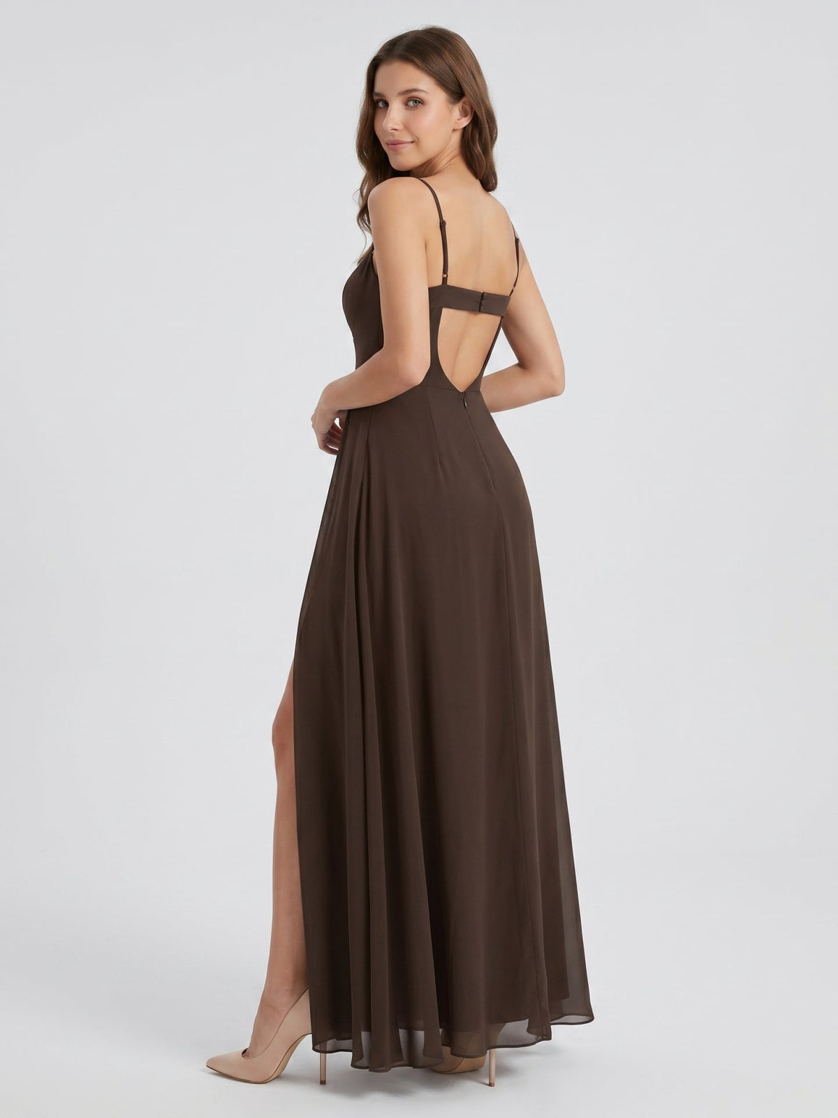 Espresso Chiffon A-Line Sweetheart Keyhole Back Floor-Length Bridesmaid Dress - Curvevia