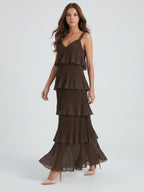 Espresso Chiffon A-Line V-Neck Back Zip Ankle-Length Cascading Ruffle Bridesmaid Dress - Curvevia