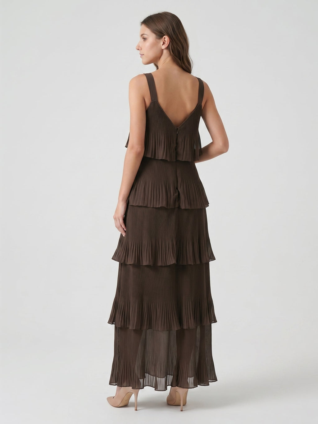 Espresso Chiffon A-Line V-Neck Back Zip Ankle-Length Cascading Ruffle Bridesmaid Dress - Curvevia