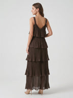 Espresso Chiffon A-Line V-Neck Back Zip Ankle-Length Cascading Ruffle Bridesmaid Dress - Curvevia