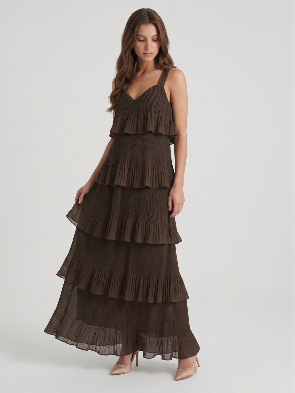 Espresso Chiffon A-Line V-Neck Back Zip Ankle-Length Cascading Ruffle Bridesmaid Dress - Curvevia