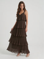 Espresso Chiffon A-Line V-Neck Back Zip Ankle-Length Cascading Ruffle Bridesmaid Dress - Curvevia