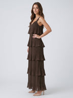 Espresso Chiffon A-Line V-Neck Back Zip Ankle-Length Cascading Ruffle Bridesmaid Dress - Curvevia