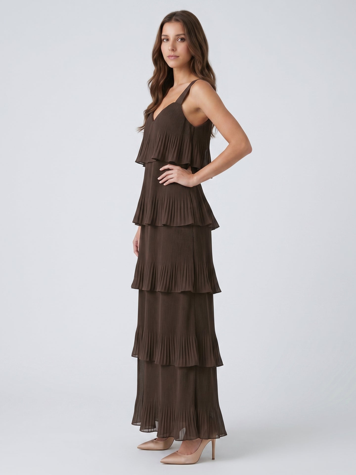Espresso Chiffon A-Line V-Neck Back Zip Ankle-Length Cascading Ruffle Bridesmaid Dress - Curvevia
