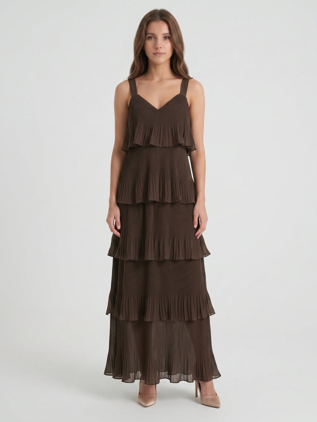 Espresso Chiffon A-Line V-Neck Back Zip Ankle-Length Cascading Ruffle Bridesmaid Dress - Curvevia