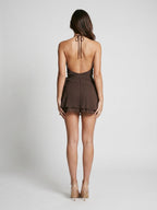 Espresso Chiffon A-Line V-Neck Backless Short Dress with Bow - Curvevia