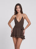 Espresso Chiffon A-Line V-Neck Backless Short Dress with Bow - Curvevia
