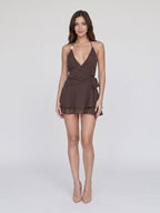 Espresso Chiffon A-Line V-Neck Backless Short Dress with Bow - Curvevia