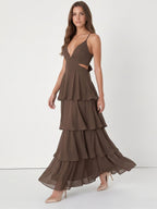 Espresso Chiffon A-Line V-Neck Keyhole Back Floor-Length Cascading Ruffle Bridesmaid Dress - Curvevia