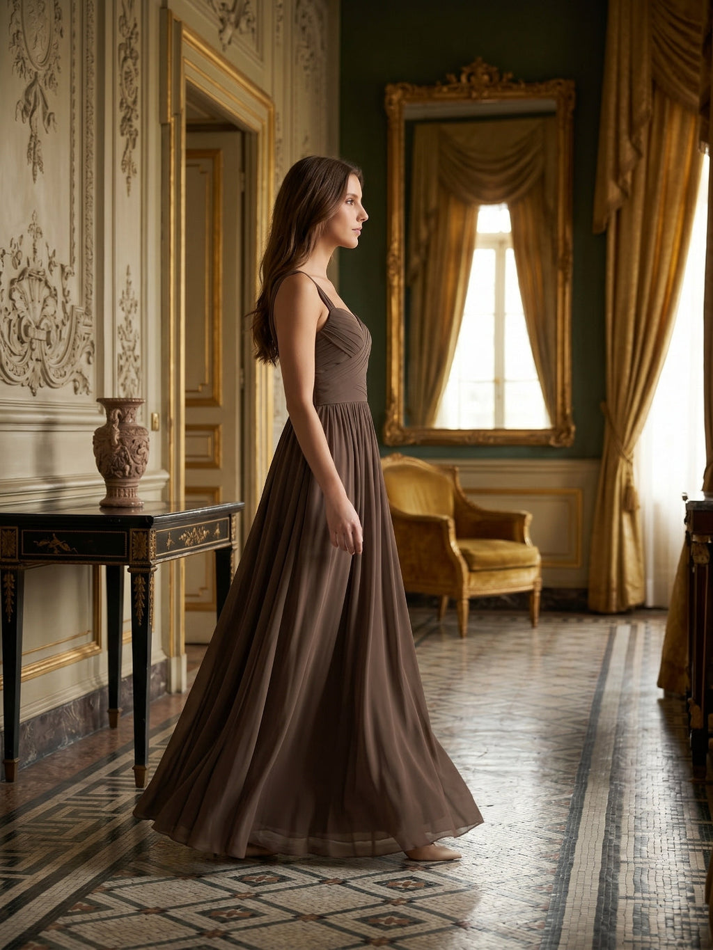 Espresso Chiffon A-Line Sweetheart Backless Floor-Length Pleated Bridesmaid Dress - Curvevia