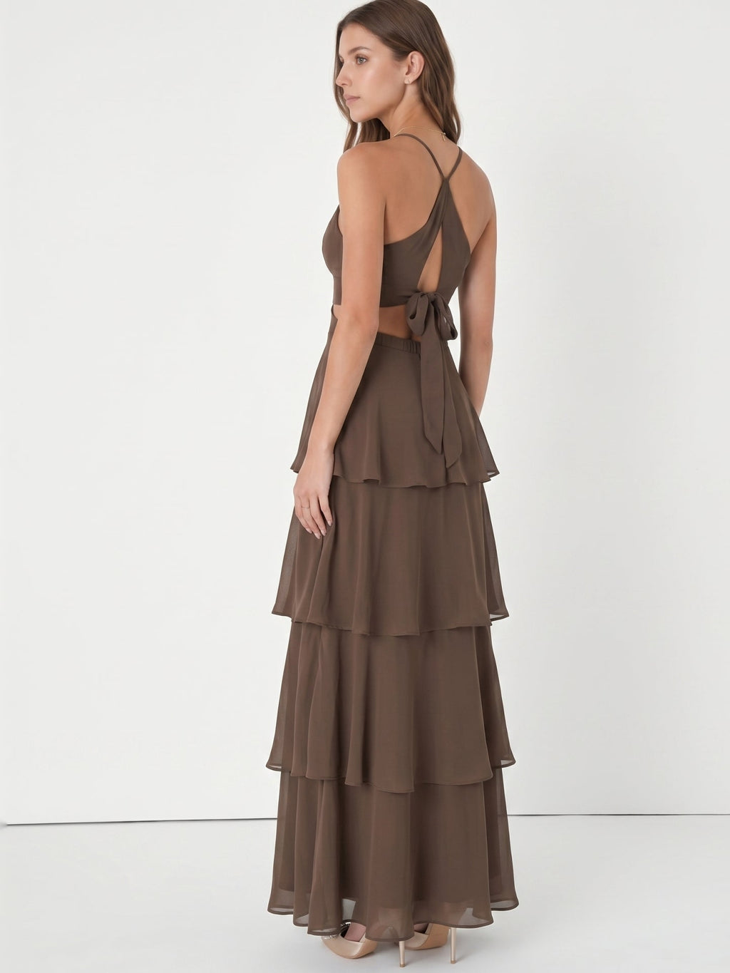 Espresso Chiffon A-Line V-Neck Keyhole Back Floor-Length Cascading Ruffle Bridesmaid Dress - Curvevia