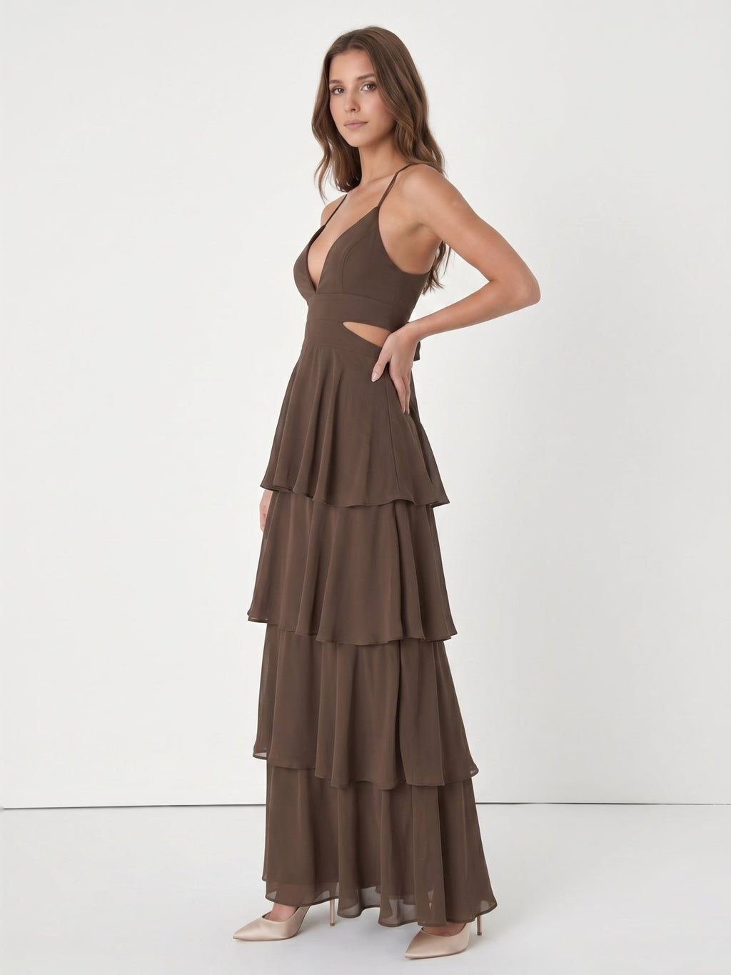 Espresso Chiffon A-Line V-Neck Keyhole Back Floor-Length Cascading Ruffle Bridesmaid Dress - Curvevia