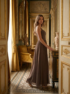 Espresso Chiffon A-Line Sweetheart Backless Floor-Length Pleated Bridesmaid Dress - Curvevia