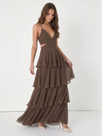 Espresso Chiffon A-Line V-Neck Keyhole Back Floor-Length Cascading Ruffle Bridesmaid Dress - Curvevia