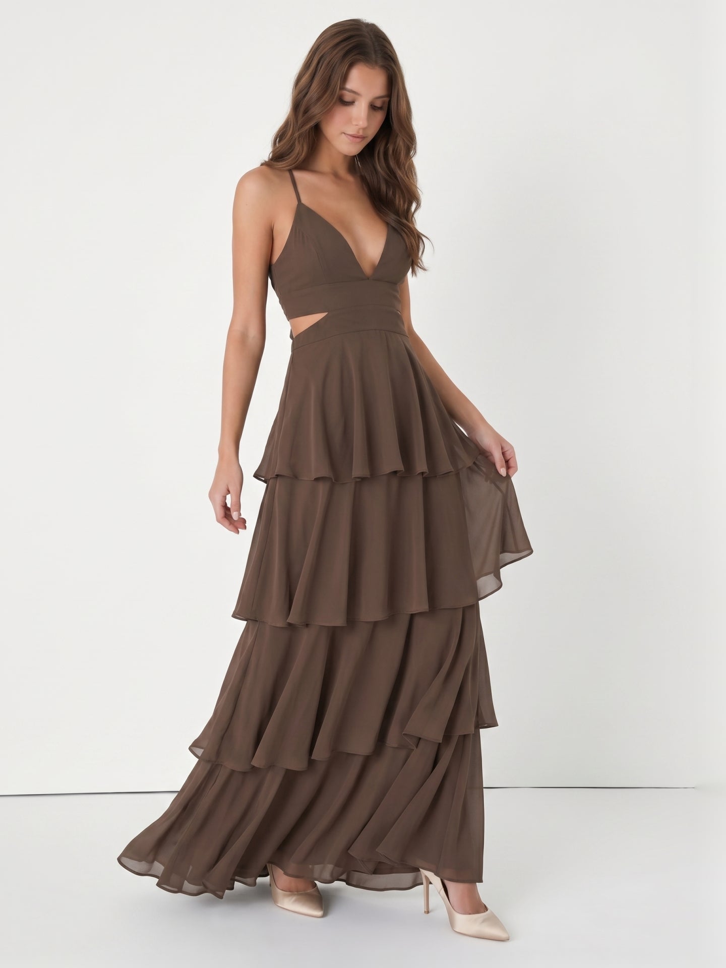 Espresso Chiffon A-Line V-Neck Keyhole Back Floor-Length Cascading Ruffle Bridesmaid Dress - Curvevia