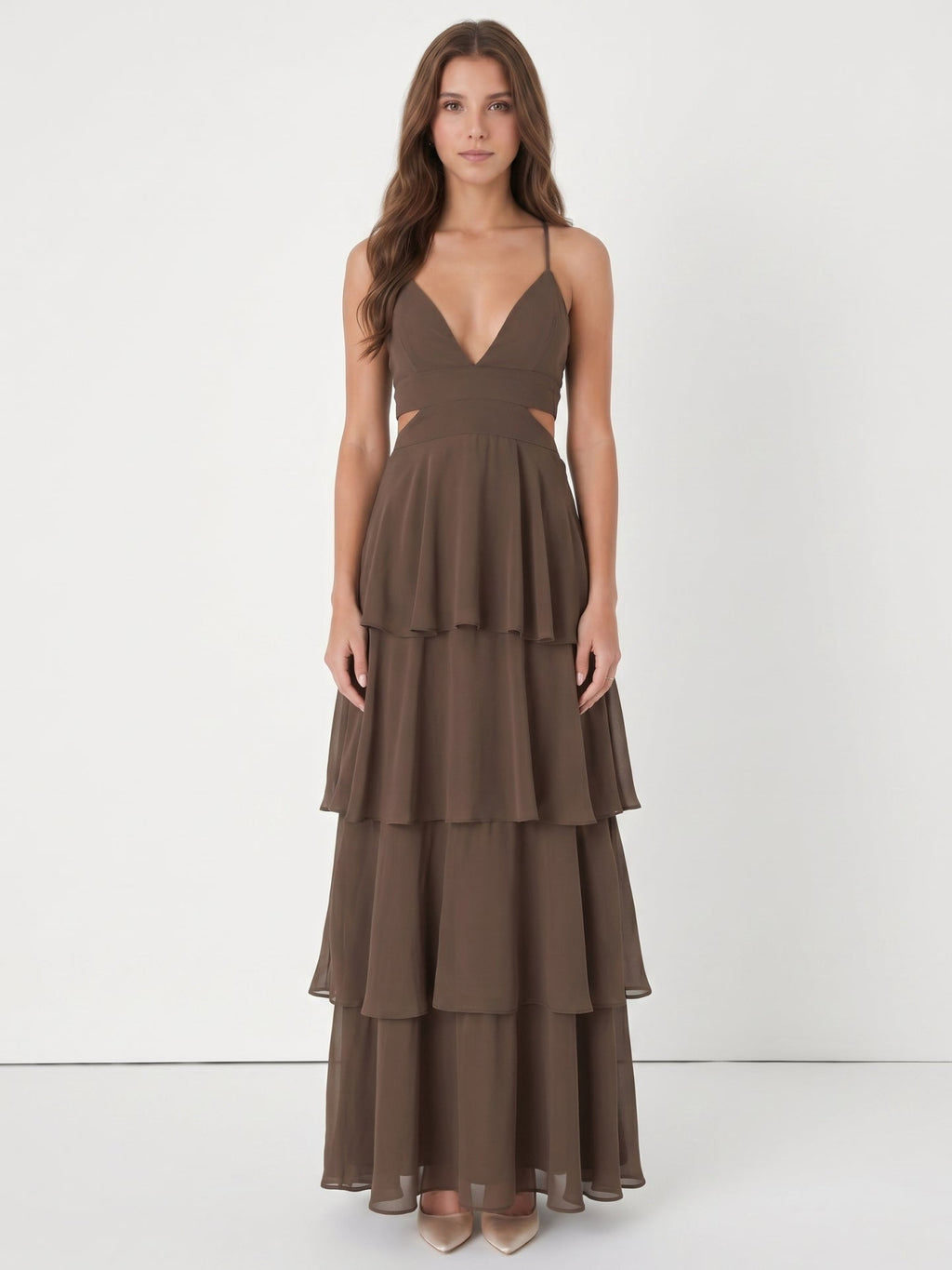 Espresso Chiffon A-Line V-Neck Keyhole Back Floor-Length Cascading Ruffle Bridesmaid Dress - Curvevia