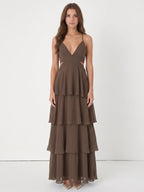 Espresso Chiffon A-Line V-Neck Keyhole Back Floor-Length Cascading Ruffle Bridesmaid Dress - Curvevia