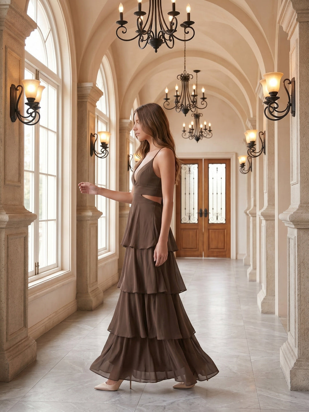 Espresso Chiffon A-Line V-Neck Keyhole Back Floor-Length Cascading Ruffle Bridesmaid Dress - Curvevia