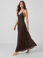 Espresso Chiffon Column V-Neck Lace-Up Back Floor-Length Pleated Bridesmaid Dress - Curvevia