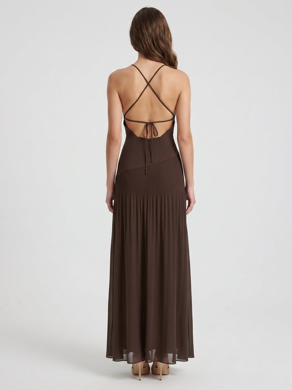 Espresso Chiffon Column V-Neck Lace-Up Back Floor-Length Pleated Bridesmaid Dress - Curvevia