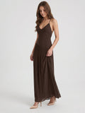 Espresso Chiffon Column V-Neck Lace-Up Back Floor-Length Pleated Bridesmaid Dress - Curvevia