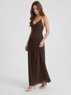 Espresso Chiffon Column V-Neck Lace-Up Back Floor-Length Pleated Bridesmaid Dress - Curvevia