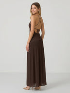 Espresso Chiffon Column V-Neck Lace-Up Back Floor-Length Pleated Bridesmaid Dress - Curvevia