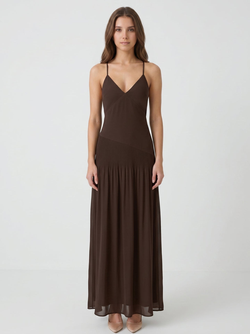 Espresso Chiffon Column V-Neck Lace-Up Back Floor-Length Pleated Bridesmaid Dress - Curvevia