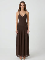 Espresso Chiffon Column V-Neck Lace-Up Back Floor-Length Pleated Bridesmaid Dress - Curvevia