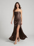 Espresso Matte Satin Mermaid Straight Neck Backless Floor-Length Bridesmaid Dress with Pleating - Curvevia