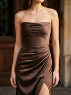 Espresso Matte Satin Mermaid Straight Neck Backless Floor-Length Bridesmaid Dress with Pleating - Curvevia