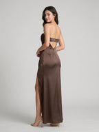 Espresso Matte Satin Mermaid Straight Neck Backless Floor-Length Bridesmaid Dress with Pleating - Curvevia