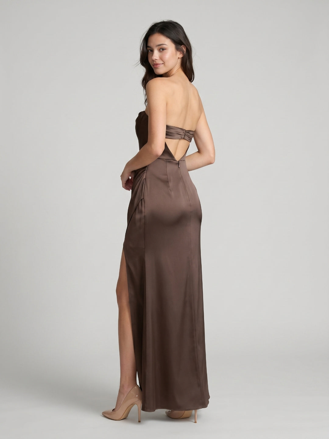 Espresso Matte Satin Mermaid Straight Neck Backless Floor-Length Bridesmaid Dress with Pleating - Curvevia