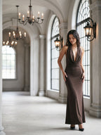 Espresso Matte Satin Sheath Cowl Neck Backless Floor-Length Formal Dress with Pleating - Curvevia