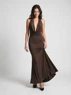 Espresso Matte Satin Sheath Cowl Neck Backless Floor-Length Formal Dress with Pleating - Curvevia