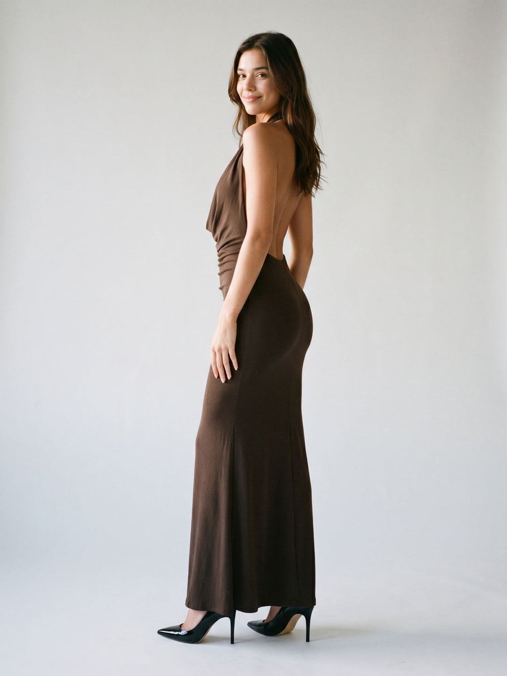 Espresso Matte Satin Sheath Cowl Neck Backless Floor-Length Formal Dress with Pleating - Curvevia